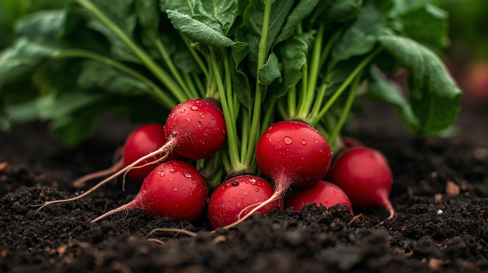 A fresh bunch of bright red radishes pulled from greenhouse soil