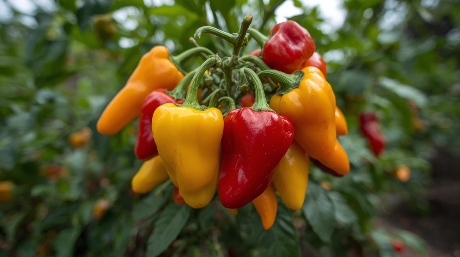 A variety of colorful sweet and hot peppers on a plant