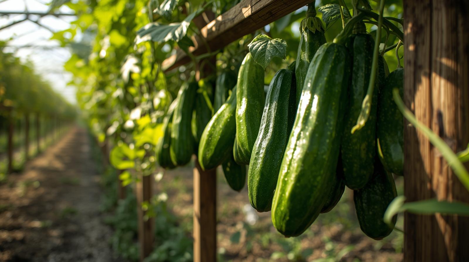 Perfect, straight cucumbers hanging from a trellis in a greenhouse