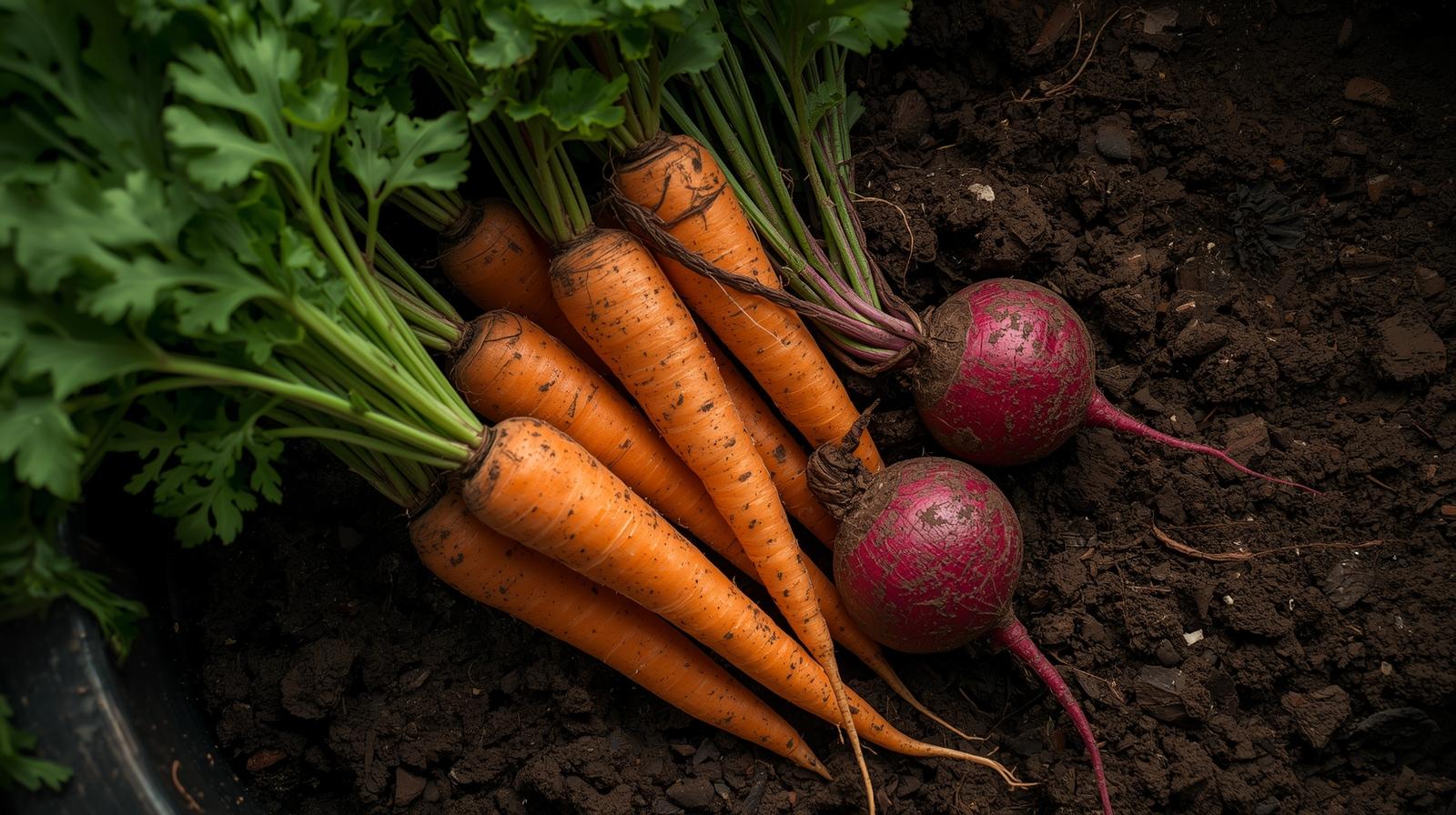 Perfectly formed carrots and beets grown in a deep container