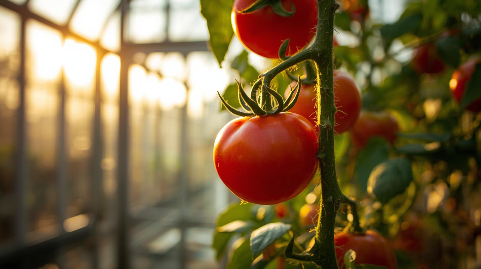 Vibrant red tomatoes growing on a vine inside a greenhouse