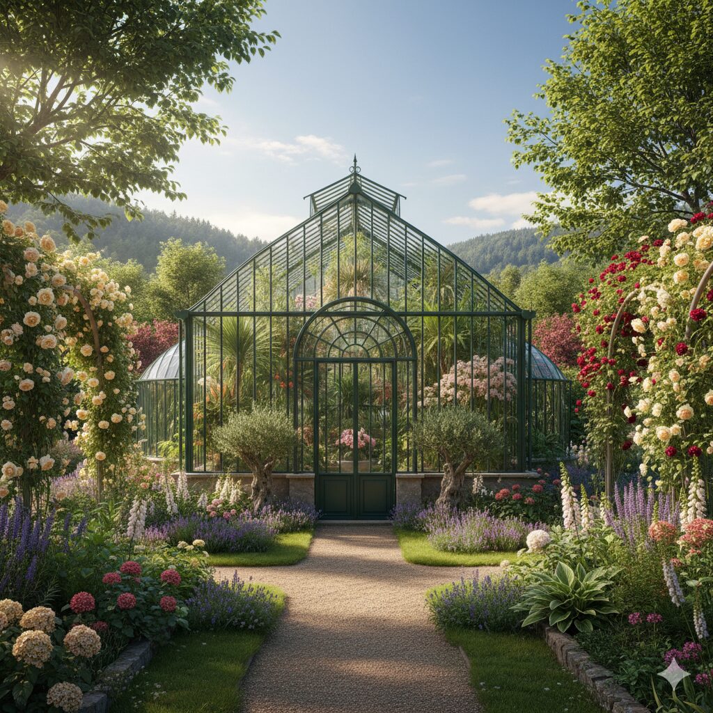 A classic, beautiful glass greenhouse in a lush garden setting.