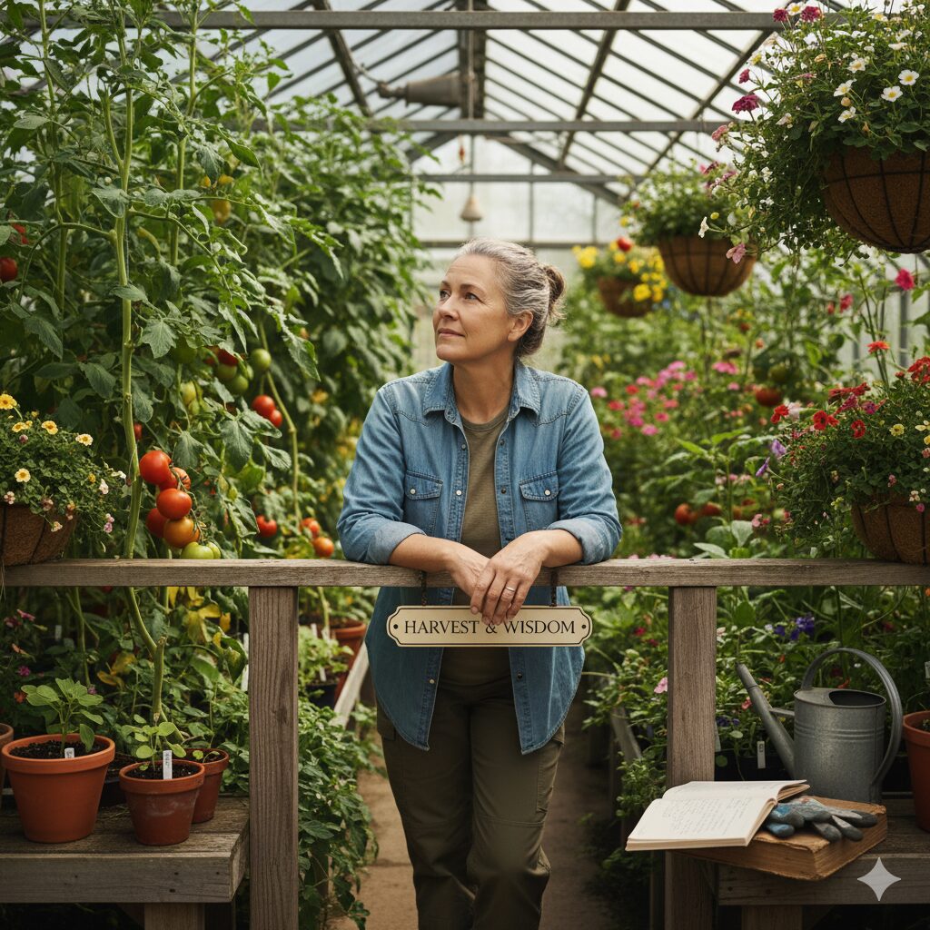 A gardener looking contemplatively at their thriving greenhouse, reflecting on the lessons learned.