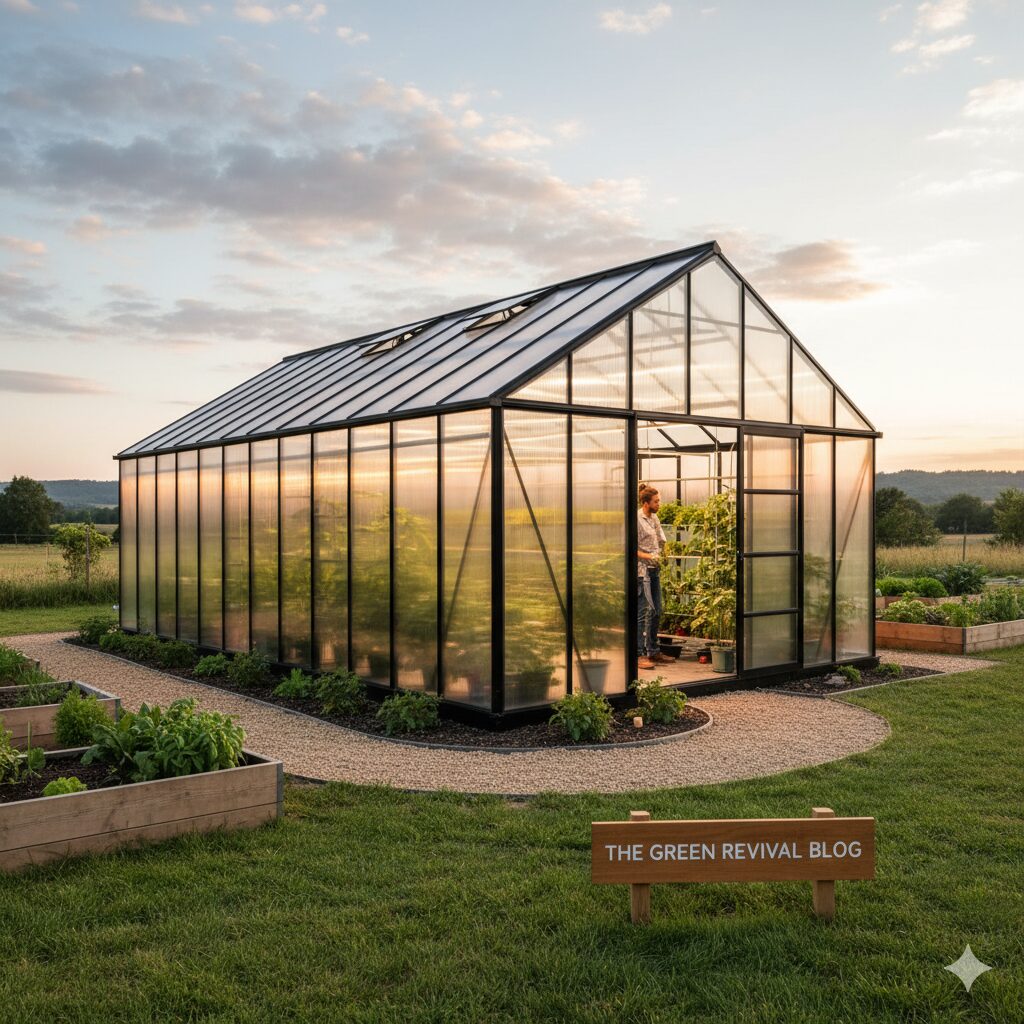 A modern greenhouse constructed with semi-transparent twin-wall polycarbonate panels.