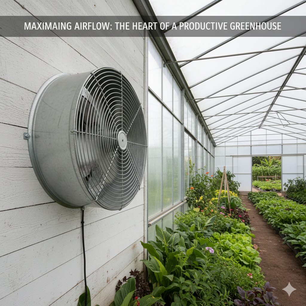 A powerful exhaust fan mounted on the wall of a large greenhouse.