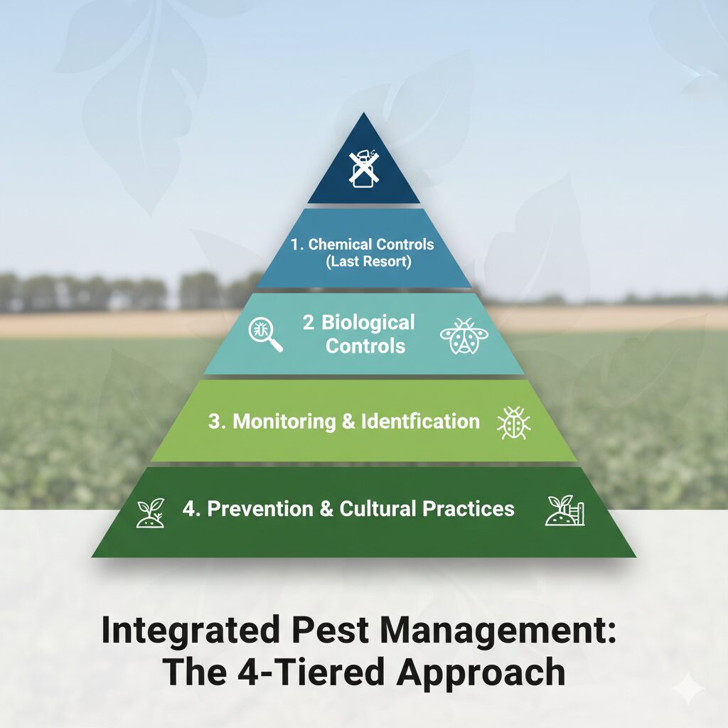 A pyramid diagram showing the 4 tiers of Integrated Pest Management