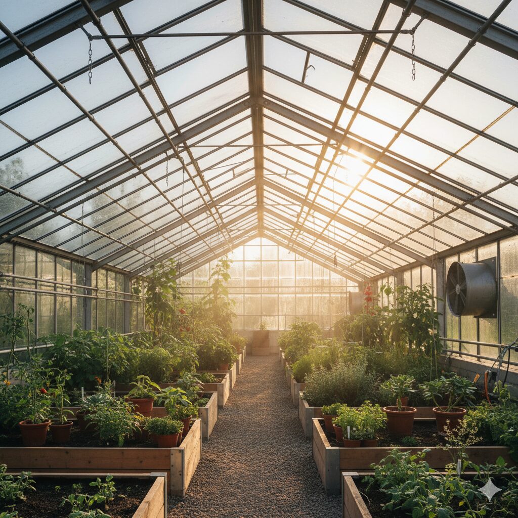Sunlight streaming into a well-ventilated greenhouse with roof vents open.